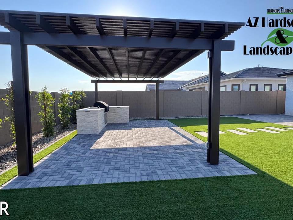 A newly completed backyard patio area featuring artificial turf by AZ Hardscape & Landscape LLC in Phoenix, AZ.