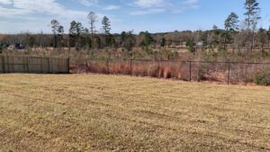 A backyard featuring both wood privacy fencing and black chain link fencing installed by Precision Fence in Meridian, MS.