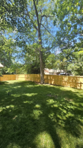 A newly installed wood fence enclosing a spacious backyard, completed by The Fence Guy One in Greenville, SC.