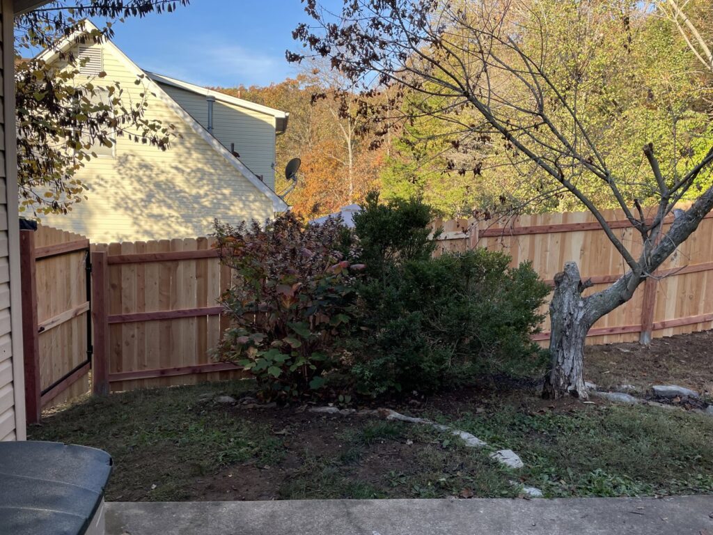 A newly installed wood privacy fence with a gate in a backyard by Sexton Property Services STL in High Ridge, MO.