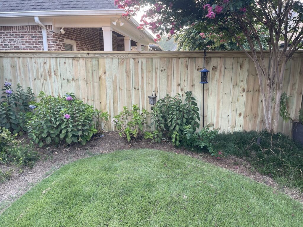 A newly installed wood privacy fence in a landscaped backyard by TC Fencing LLC in Tuscaloosa, AL.