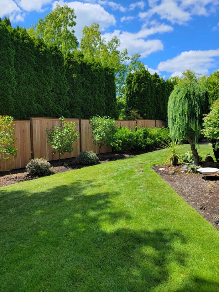 A beautiful wooden privacy fence installed in a landscaped backyard by Faxon Fencing in Corvallis, OR.