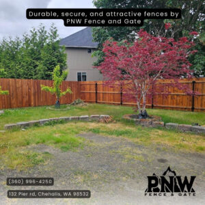 A durable and attractive wooden privacy fence enclosing a residential backyard, installed by PNW FENCE in Lewiston, ID.