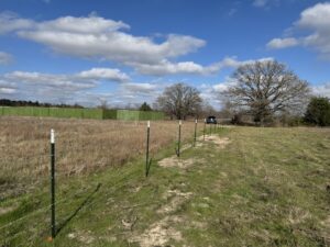 Barbed wire fence with T-posts in a field, featuring a green metal building in the background, installed by QD & E Fencing in Fort Worth, TX.