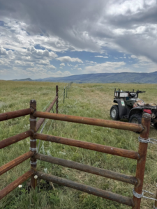 A long barbed wire fence stretching across a rural landscape, installed by Deer Creek Ag Services in Ranchester, WY.