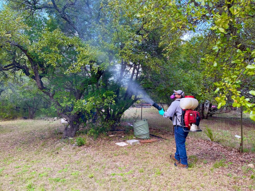 A Barefoot Mosquito & Pest Control technician spraying trees and bushes with a mist blower in Austin, TX.