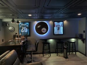 A newly installed basement bar with recessed lighting and accent lighting by Omni Electrical Services LLC in Philadelphia, PA.