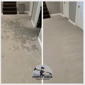 Before and after of a basement carpet cleaning service by Carpet Kings Cleaning & Restoration in Olathe, KS.