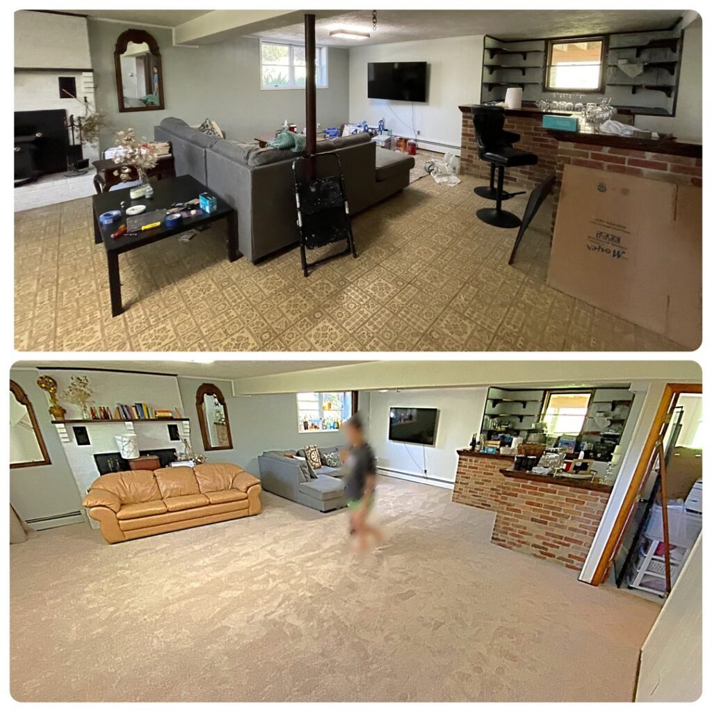 Before and after view of a basement with new carpet installed by FloorMax in Laurel, MD.