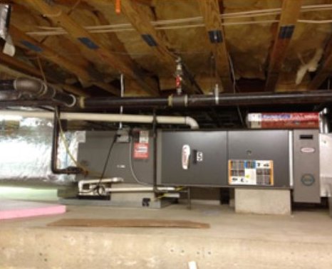 A furnace and ductwork system installed in a basement by Dodrill Comfort & Energy Solutions in Cross Lanes, WV