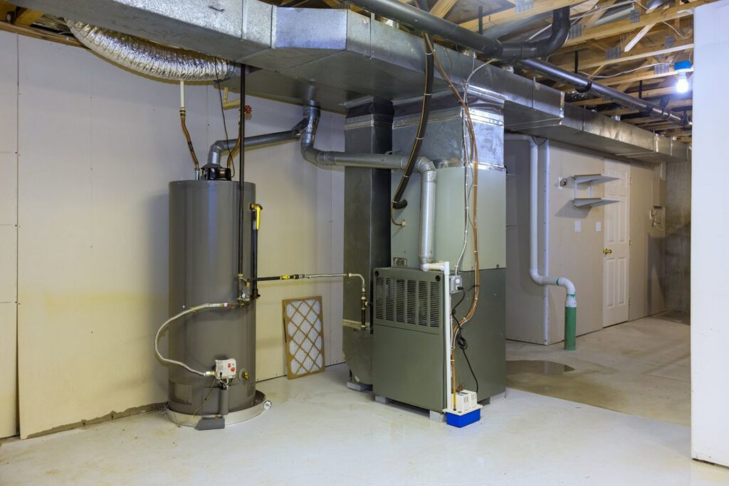 A well-maintained basement showing a furnace, water heater, and extensive ductwork, serviced by Evergreen HVAC Comfort Solutions in Milwaukee, WI.