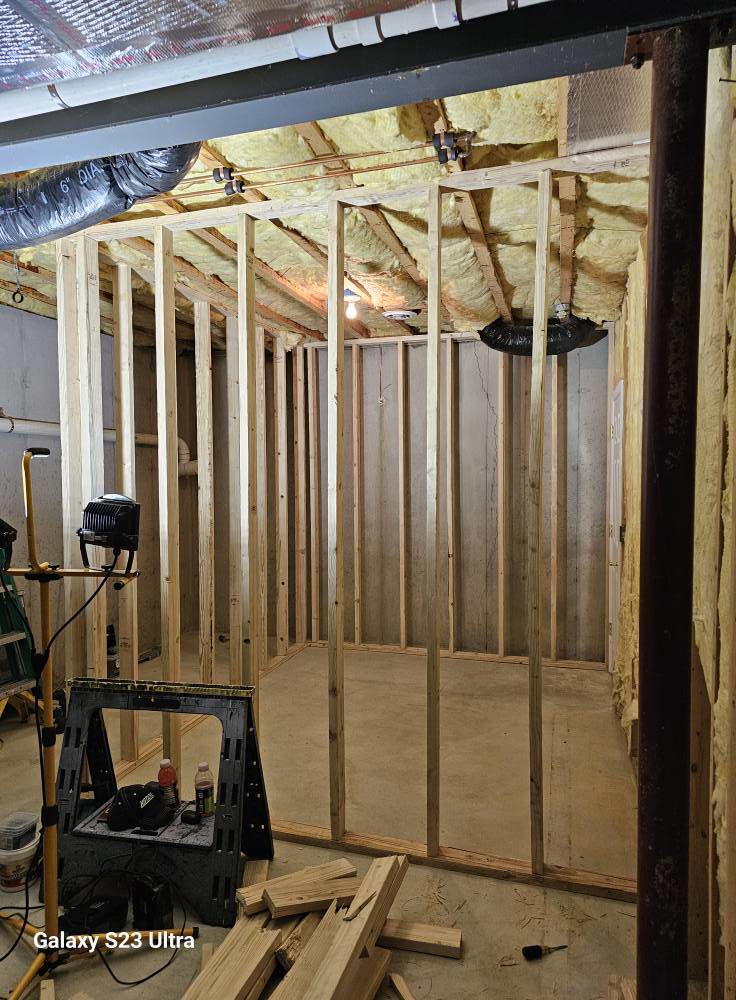 HVAC ductwork installation in a basement under construction by JRD Refrigeration LLC in York, PA.