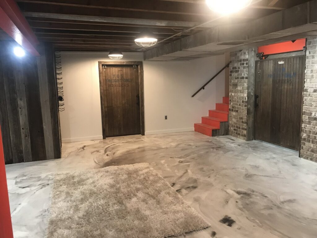 Finished basement with new recessed ceiling lights installed by Civic Electric in Bethlehem, PA