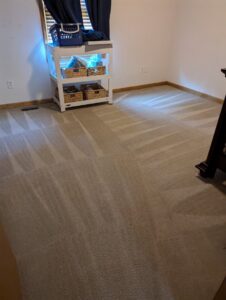 A bedroom carpet showing distinct cleaning lines after service by Legendary Carpet Care+ in Toledo, OH.