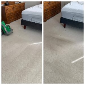 A bedroom carpet before and after professional cleaning by Brooke's Chem-Dry Lawrence, showcasing effective stain removal in Kansas City, MO.
