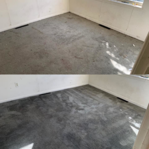 Before and after view of a bedroom's grey carpet after professional cleaning by Dyenasty Carpet in Baltimore, MD.