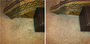 Before and after comparison of a dirty bedroom carpet, showing effective cleaning by Eco Carpet Cleaning in Indianapolis, IN.