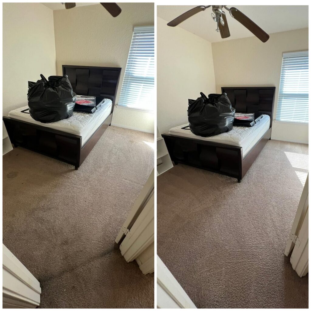 A before and after comparison of a bedroom carpet, showing effective stain removal by Green Dragon Carpet & Upholstery Cleaning LLC in Boise, ID.