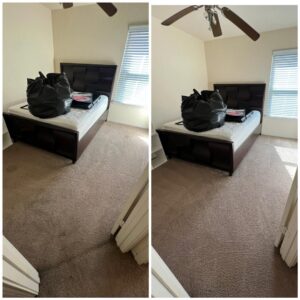 A before and after comparison of a bedroom carpet, showing effective stain removal by Green Dragon Carpet & Upholstery Cleaning LLC in Boise, ID.