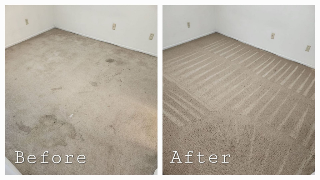 Before and after comparison of bedroom carpet cleaning with visible vacuum lines by Hawkins Carpet Cleaning in Owensboro, KY