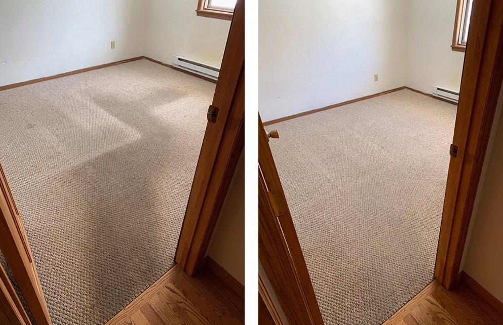 Before and after of a professionally cleaned bedroom carpet by Heaven's Best Carpet Cleaning of Rio Rancho ABQ.