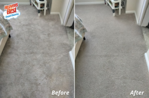 Before and after comparison of a clean bedroom carpet by Heaven's Best Carpet Cleaning in Wasilla, AK.