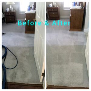 Before and after view of a bedroom carpet after professional cleaning by M&M Carpet & Tile Care in Cape Coral, FL