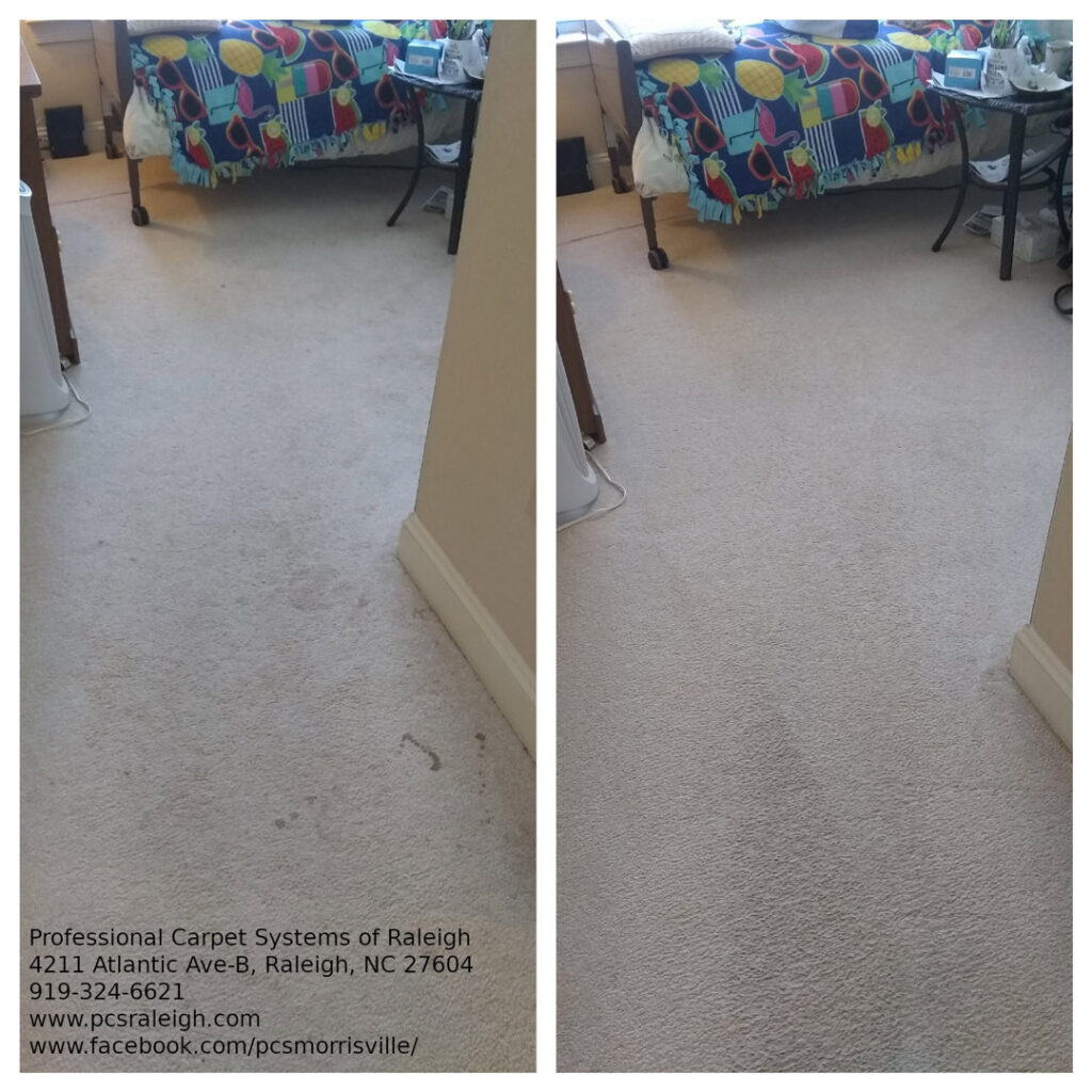 Before and after comparison of a bedroom carpet cleaning by Professional Carpet Systems of Raleigh, NC