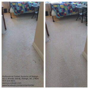 Before and after comparison of a bedroom carpet cleaning by Professional Carpet Systems of Raleigh, NC