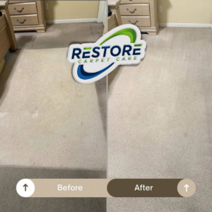 A bedroom carpet showing before and after cleaning results by Restore Carpet Care and Tile in Tallahassee, FL