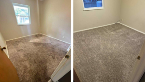 Before and after view of a bedroom carpet cleaning service by Two Sheas Restoration in Tulsa, OK.