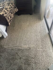 Carpet cleaning in progress in a bedroom, showing clean and dirty sections, by The Best Carpet & Tile Cleaners in Alva, FL.