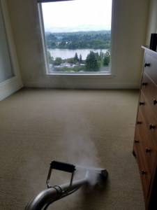 A professional carpet cleaning service being performed in a bedroom by Green Steam Carpet Clean in Portland, OR.