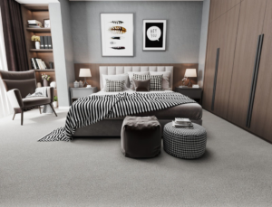 A modern bedroom featuring a newly installed light grey carpet by AFS Flooring West Jordan, UT