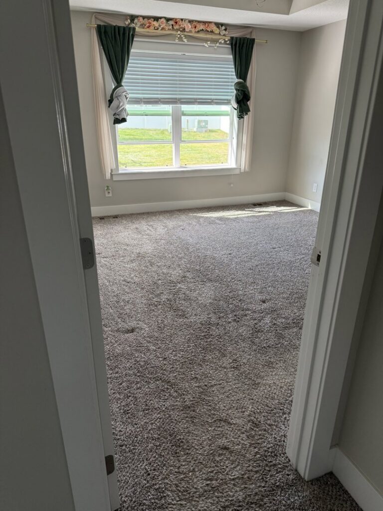 Freshly installed gray carpet in a bedroom by G and L Flooring Plus in Ankeny, IA.