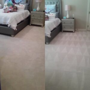 Before and after view of bedroom carpet stain removal by Superior Carpet Cleaning And Flooring in Dallas, TX