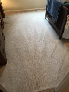 A bedroom carpet showing distinct cleaning lines after service by Achilles Carpet Cleaning in Vancouver, WA.