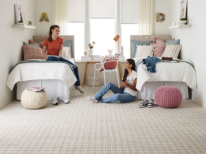 A cozy bedroom showcasing a fresh installation of light patterned carpet by Floors By Roberts in Appleton, WI.