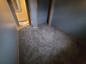 A bedroom with new grey carpet installation, showing a doorway to another carpeted area by Washington Family Flooring LLC in Bellevue, NE.