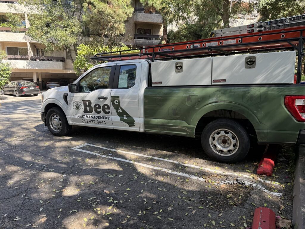 A branded service truck for BeeCal Pest Management parked in Los Angeles, CA, ready for a job