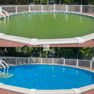 Before and after comparison of an above-ground pool, showing a dramatic transformation by Pool King in Summerville, SC.