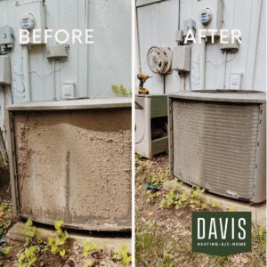 Before and after comparison of a dirty and cleaned outdoor AC unit coil by Davis Heating, Air Conditioning & Home in Overland Park, KS.