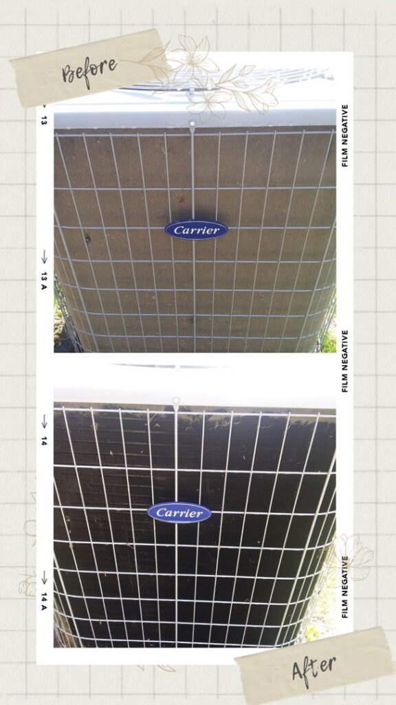 Before and after photos of a Carrier AC unit coil cleaning by FLAME Heating, Cooling, Plumbing & Electrical in Warren, MI.