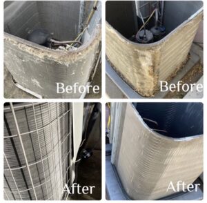Before and after photos of a thoroughly cleaned AC coil by LeoAir, LLC in West Jordan, UT.