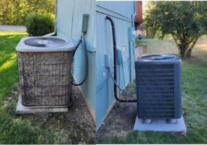 Before and after comparison of an outdoor air conditioning unit, showing a dirty unit and a clean unit serviced by Dad's Heating and Cooling in Blue Springs, MO.