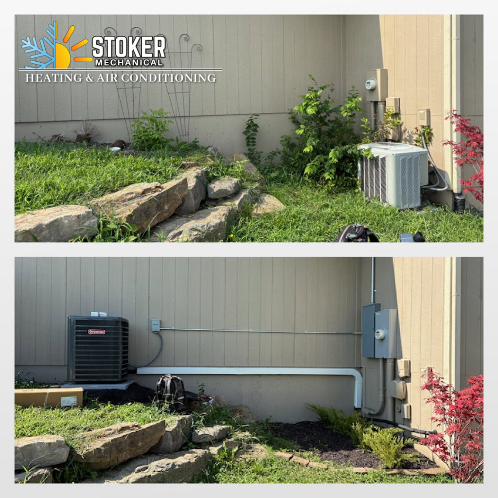Before and after photos of an outdoor air conditioning unit installation by Stoker Mechanical Heating & Air Conditioning in Lawrence, KS.