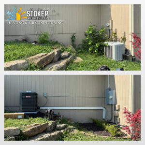Before and after photos of an outdoor air conditioning unit installation by Stoker Mechanical Heating & Air Conditioning in Lawrence, KS.