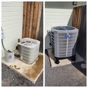 Before and after of an old AC unit replaced with a new American Standard unit by Theisen Heating, Air Conditioning & Furnace Cleaning, Yakima, WA.
