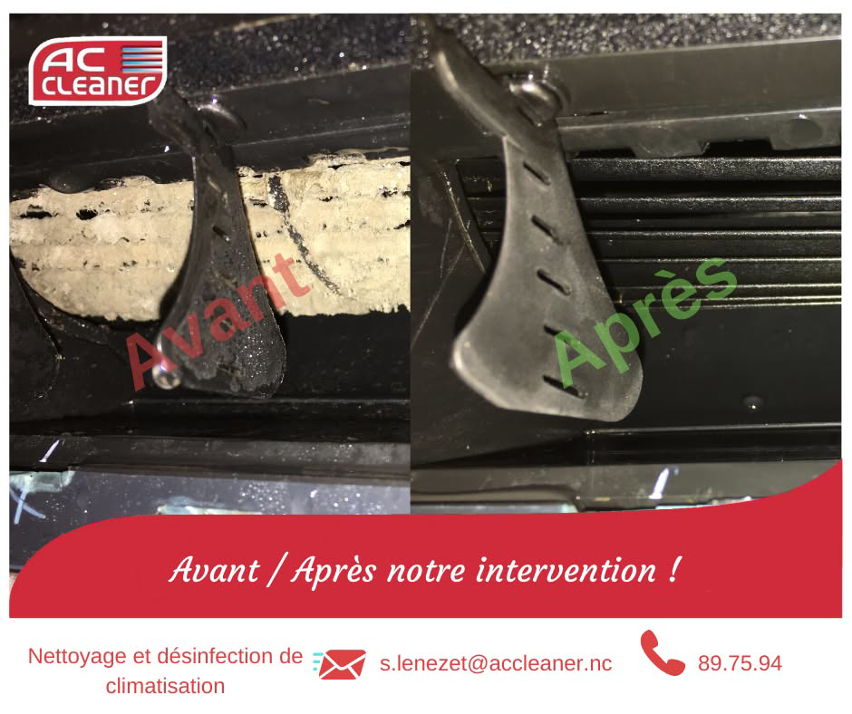 Before and after comparison showing clean AC vents after service by ACCLEANER NC in Nouméa, New Caledonia.