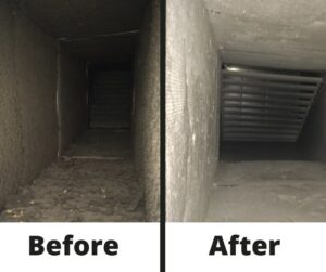 Before and after comparison showing a dirty air duct and a clean air duct by Aspen Air Duct Cleaning in Methuen, MA.